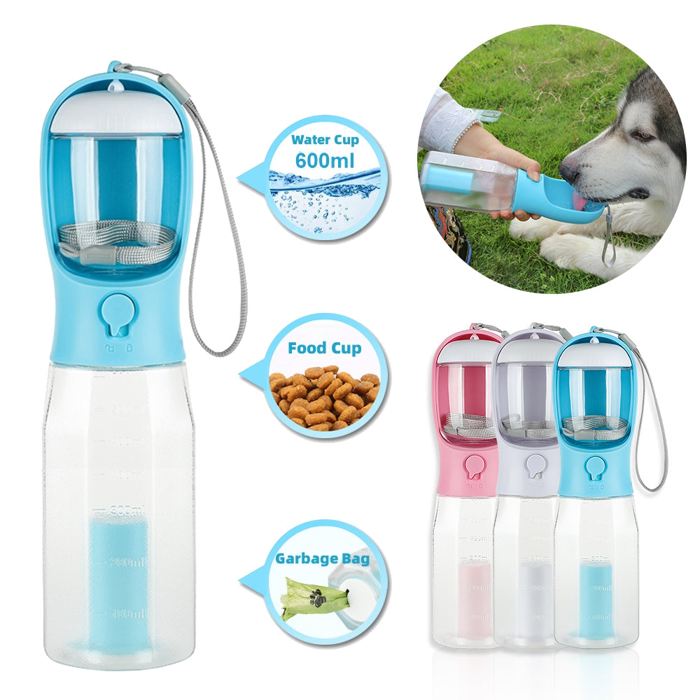 3-in-1 dog travel water bottle with water dispenser, treat compartment and waste bag holder, photo 1 of 18